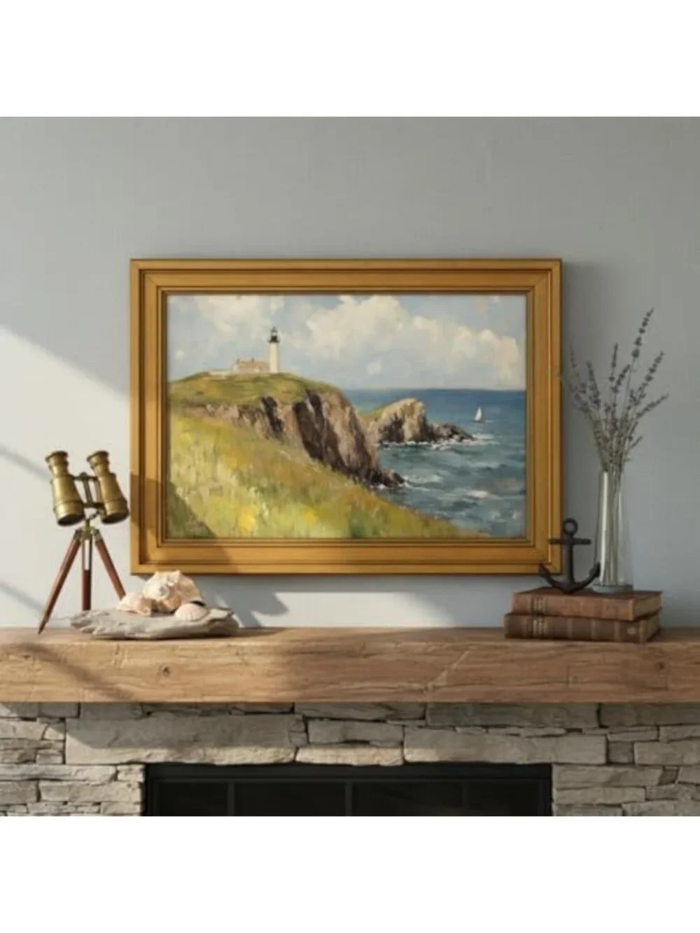Coastal Lighthouse Vintage Canvas Wall Art in Gold Frame - 9x11in Home Decor
